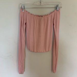 pink and white striped off the shoulder shirt